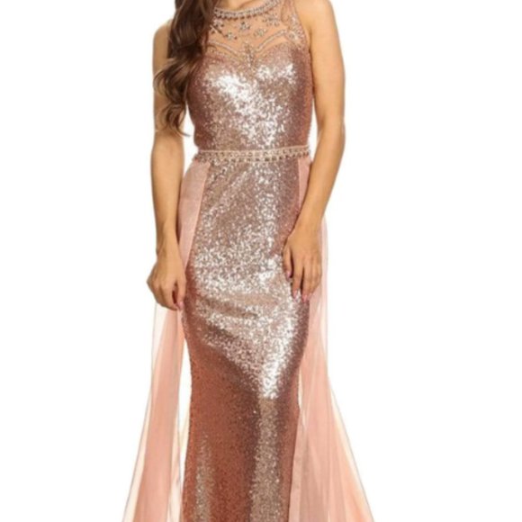 Eureka Sequin Illusion Halter Evening Prom Dress W/Sheer Overlay Rose Gold XS - Picture 11 of 11